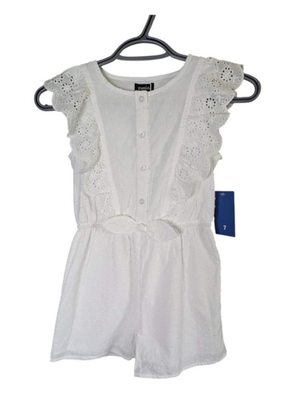 NWT Zunie Girls Romper White‎ Eyelet Swiss Dots Size 7